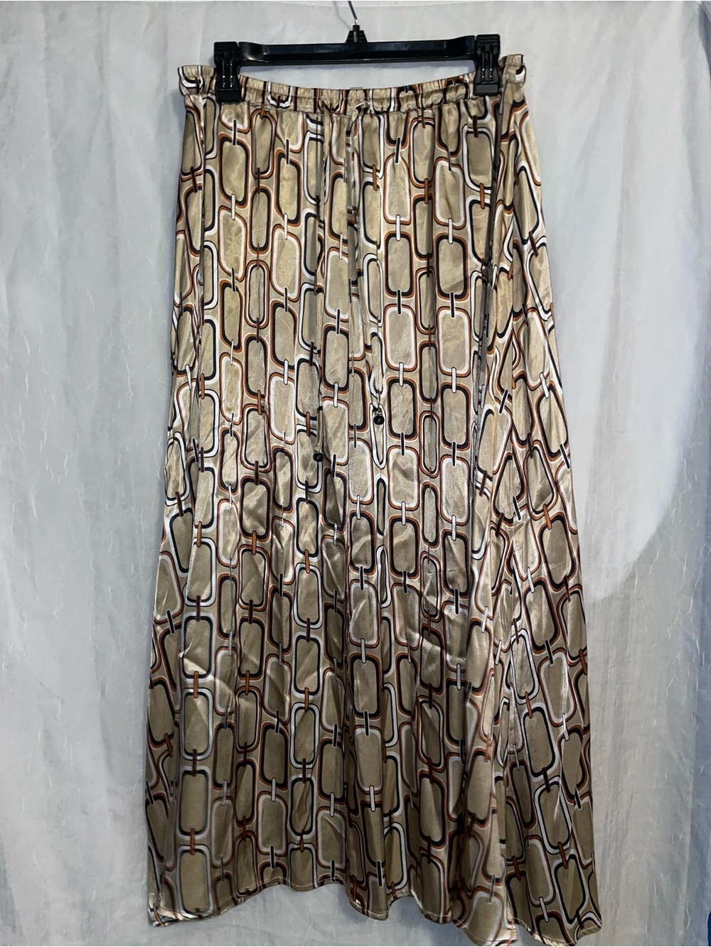 Tahari Chain Link Print Satin Maxi Skirt Size Large Neutral Gold